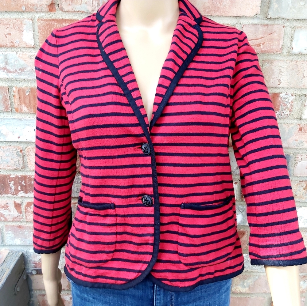 Vintage 90's Talbots Nautical Red and Black Striped Cotton Knit Blazer XS